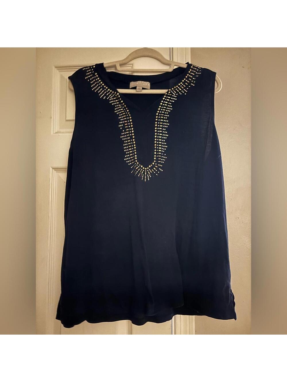 Carole Little Navy Sleeveless Top with Gold Accents